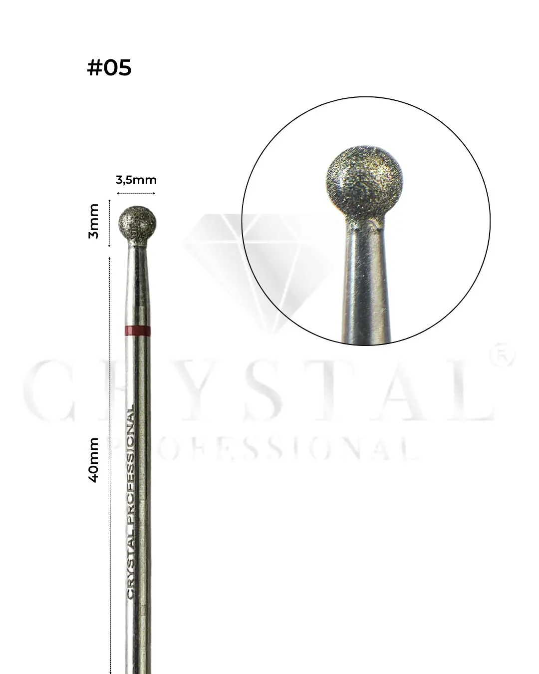 Frez Diamentowy „Kulka” Crystal Professional №05 (Czerwone Nacięcie 3,5 mm)