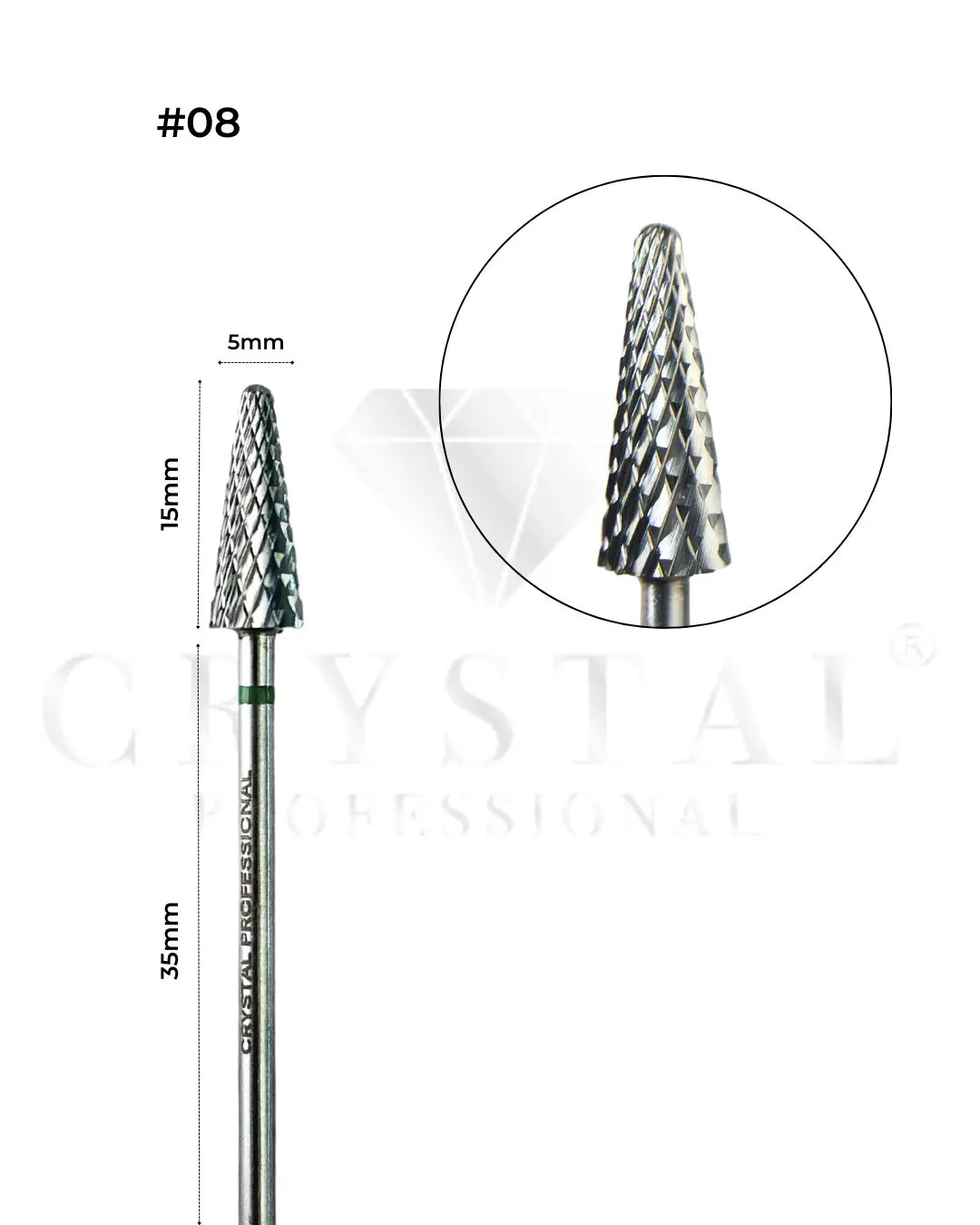 FREZ WĘGLIKOWY „STOŻEK” Crystal Professional №08 (ZIELONE NACIĘCIE 5 mm)
